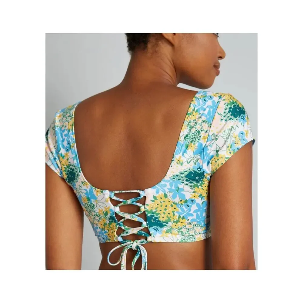 ModCloth The Amari Crop Bikini Top Retro Pin-up Floral Blue Yellow 2X NWOT